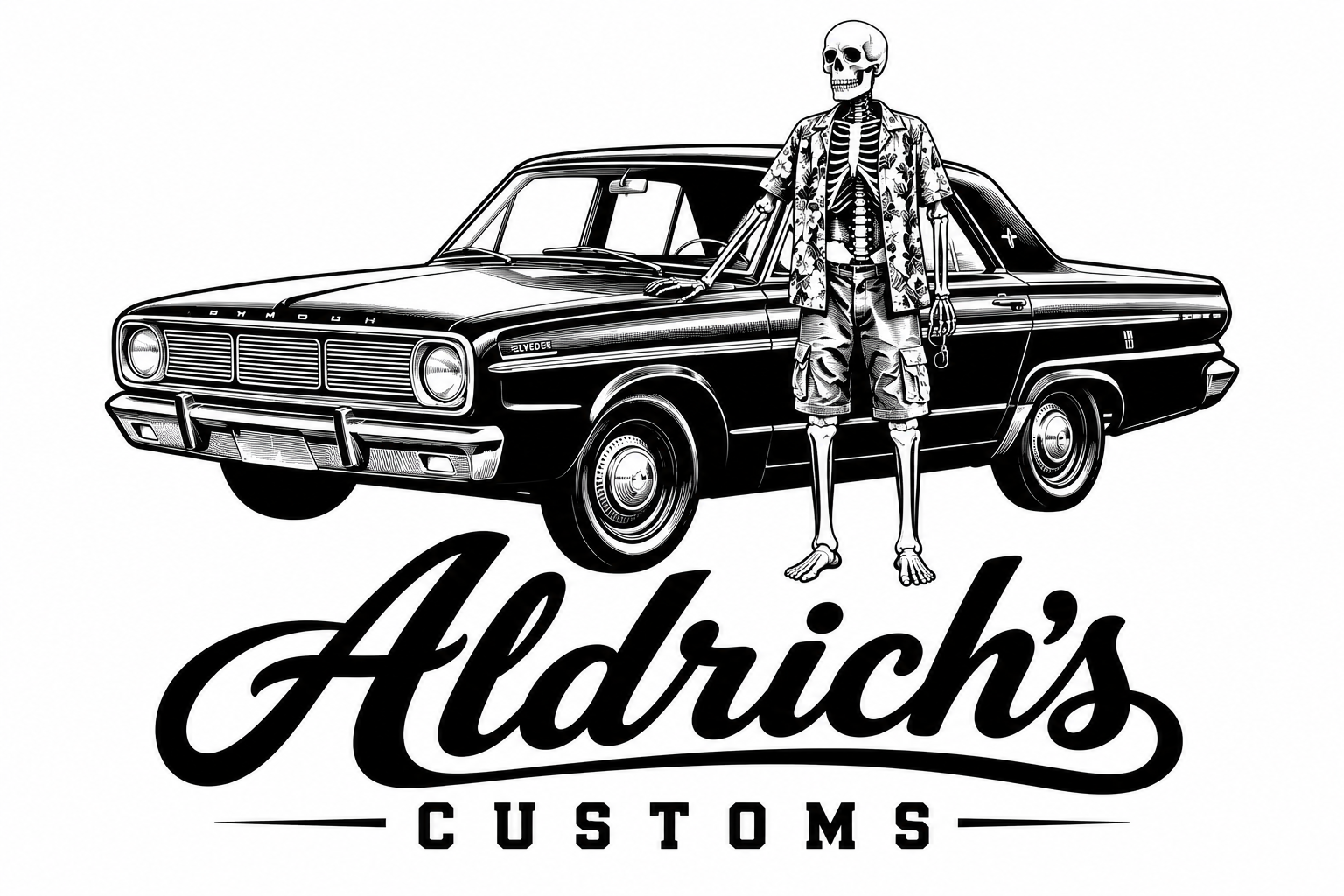 Aldrich’s Customs — vintage car and skeleton logo