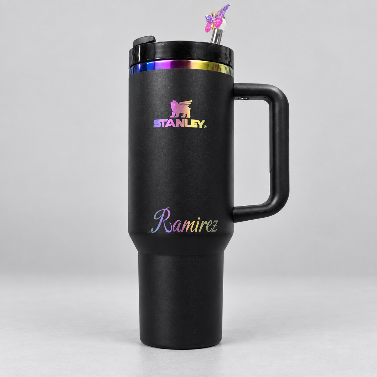Reverse of black iridescent Stanley tumbler engraved Ramirez