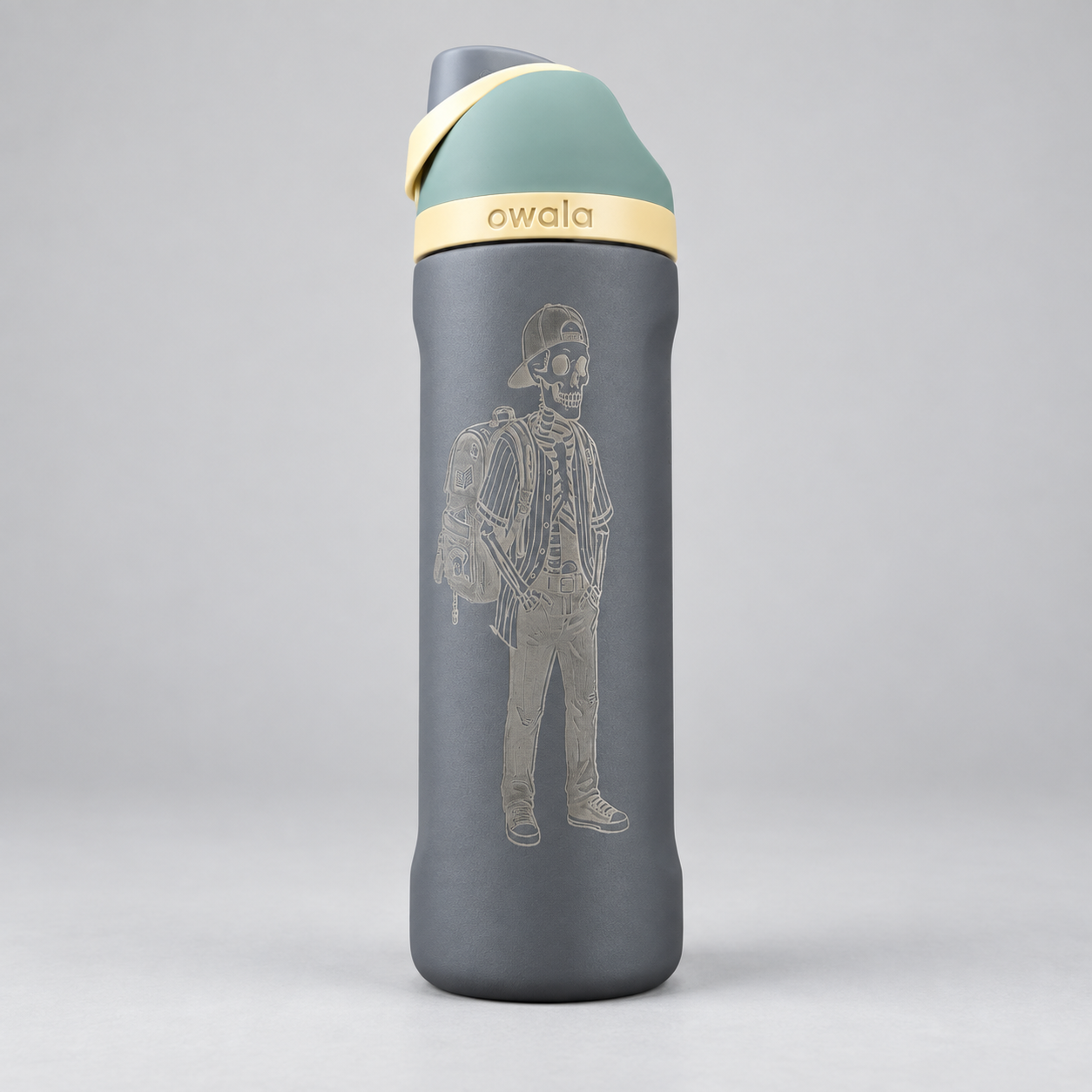 Gray bottle with a detailed skeleton wearing a backpack engraved on its side