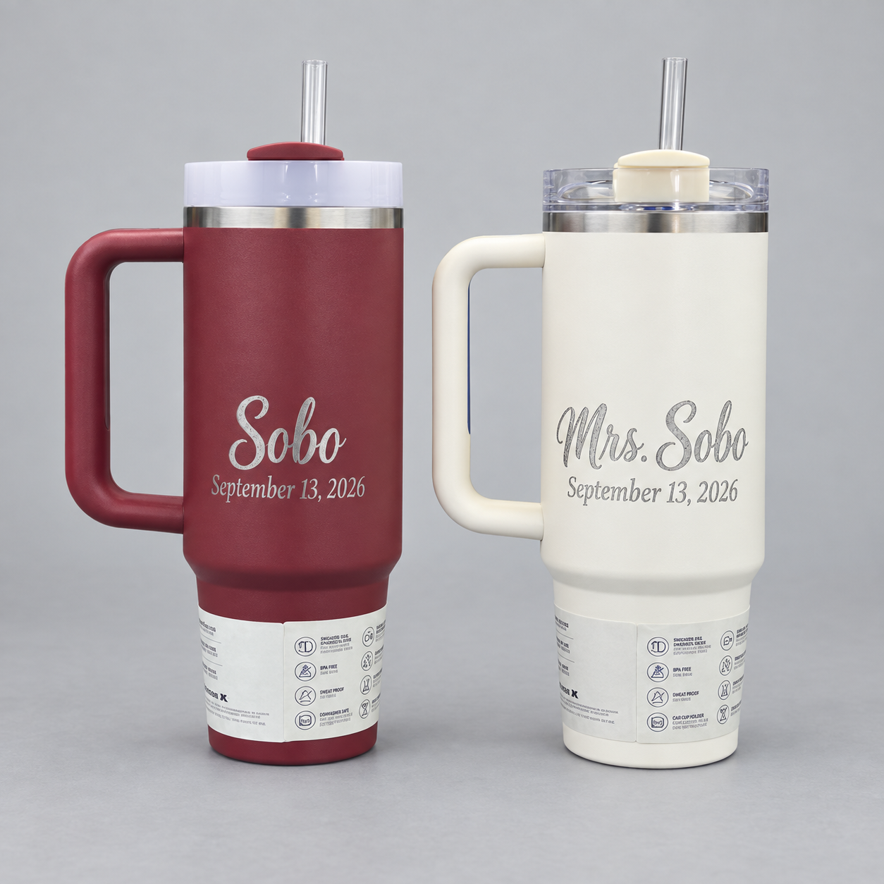 Burgundy and cream handled tumblers engraved Sobo and Mrs. Sobo with September 13, 2026